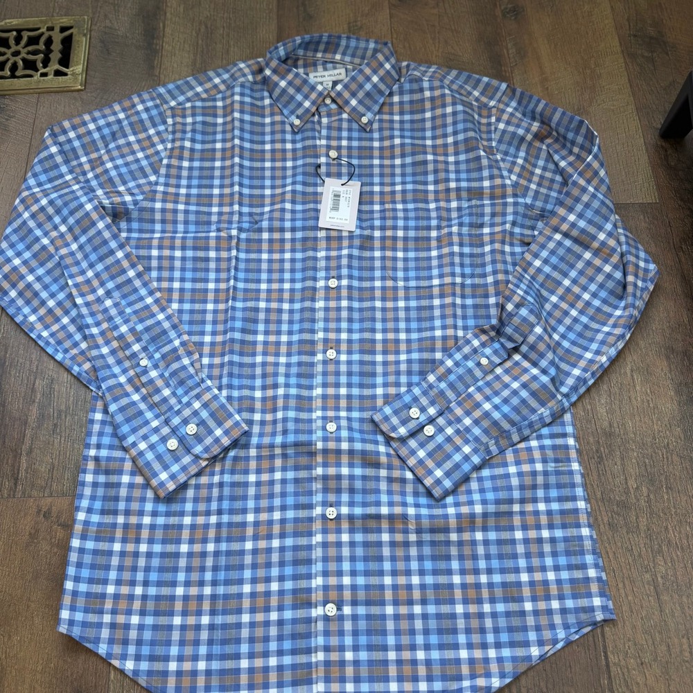 Peter Millar Crown Lite Button Down Shirt Size M NWT Blue Brown Plaid Check